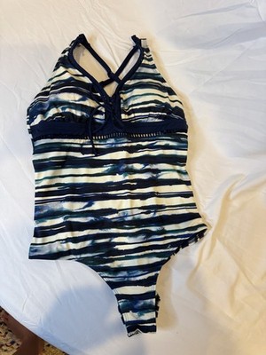 Skye by Crave Designs One Piece Swimsuit Women Small Blue White Stripe Padded