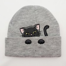 Gray Cat Face Embroidered Beanie Hat embroidery winter beanie Youth