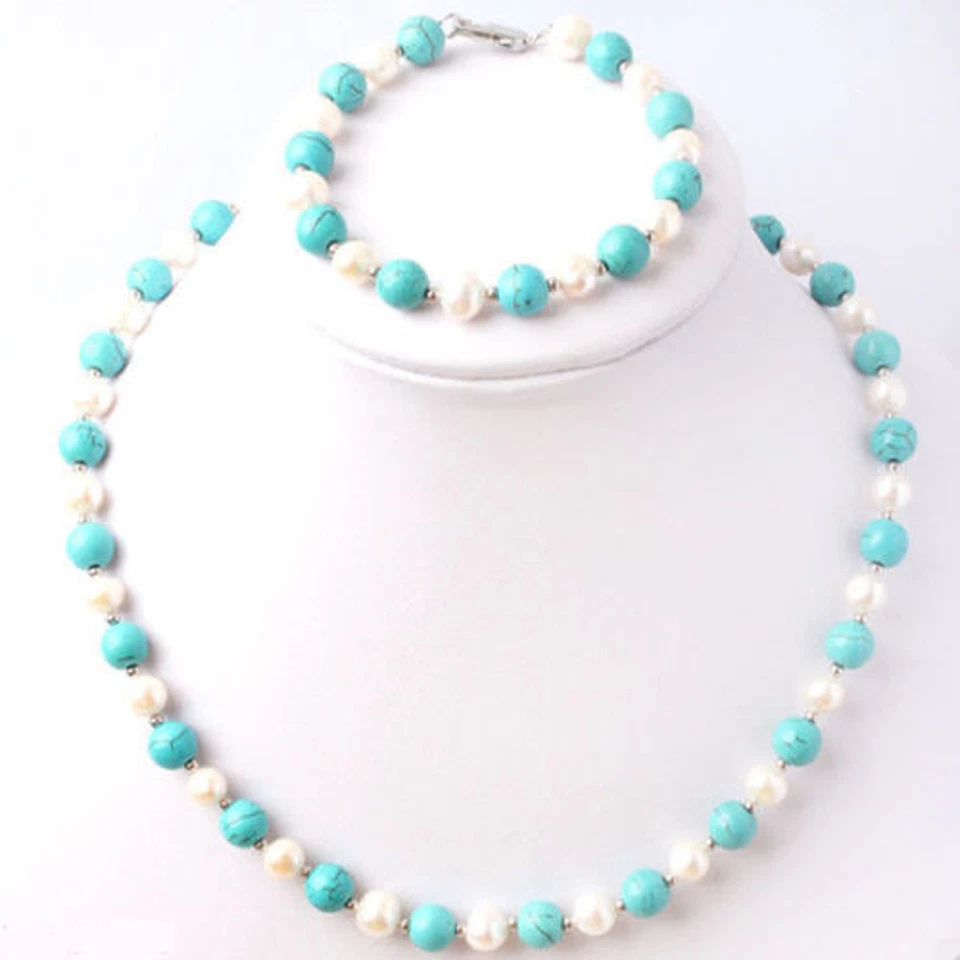 Genuino Natural 7-8mm Blanco Perla 8mm Azul Turquesa Collar Pulsera Set 18"" Foto 2 de 3
