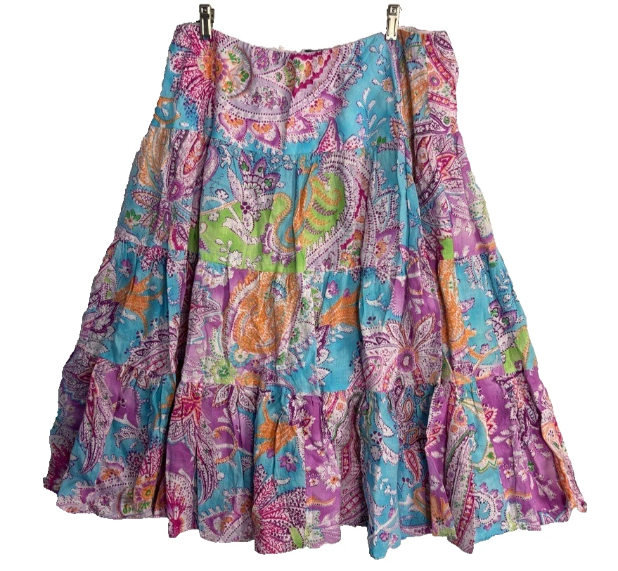 Lauren Midi Skirt 1X Paisley Floral Linen Tiered Patchwork Boho Artsy 34 Unlined