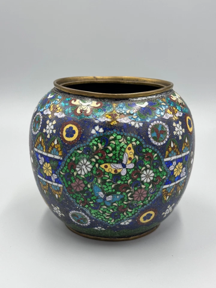 Antigua maceta cloisonné china de principios del siglo XX flores mariposas 5"" Foto 4 de 4