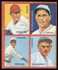 1935 Goudey 4-in-1 (1985 Reprint) Mark Koenig / Fitzsimmons / Ray Benge /Zachary