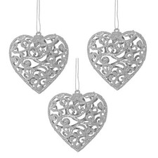 Christmas Glitter Hearts 70mm Hanging Free Decoration - Silver