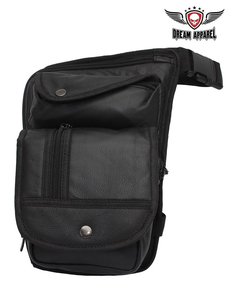 Bolso muslo de cuero de vaca negro desnudo con bolsillo para pistola para motocicleta motociclista Foto 3 de 4