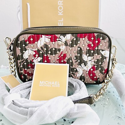 NWT Michael Kors Studded Leather Shoulder BagTassel camo butterfly gold  chain