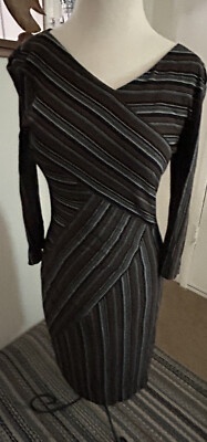 David Meister Striped V Neck Lined Dress Size 6 Made in USA 3/4 Length Sleeves