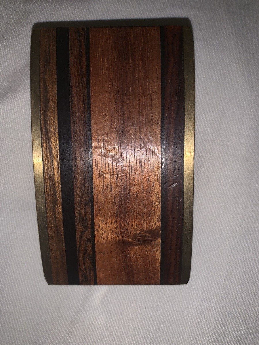 VINTAGE 1970s KENNETH REID BRASS & INLAID WOOD BANDS BELT  display picture 2
