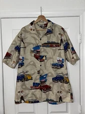 Paradise Found Hawaiian Shirt XL Medium Mens Mel's Drive in Dinner Cars Vtg