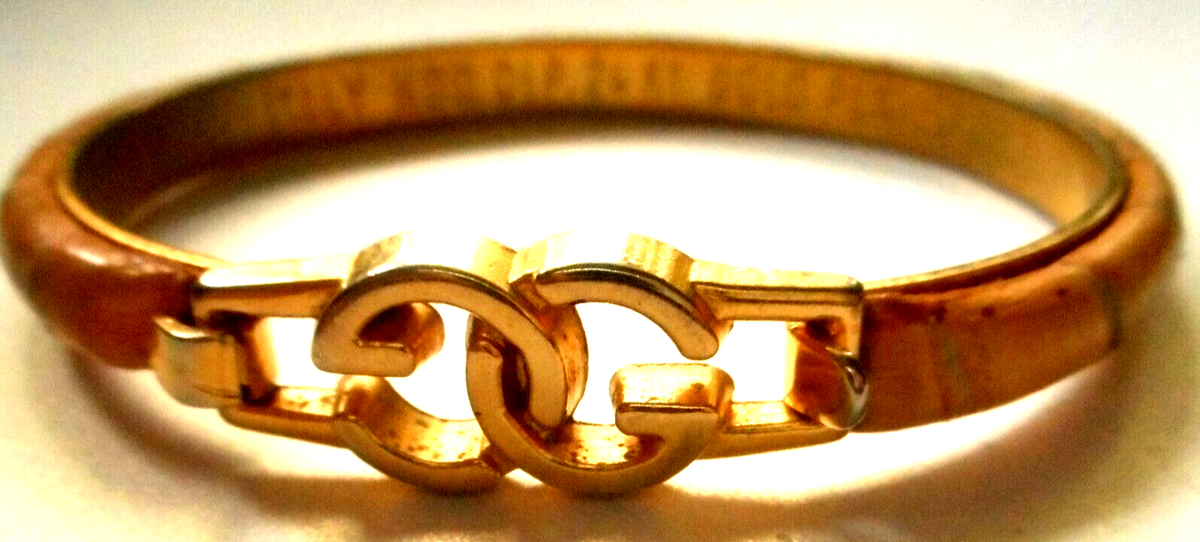 OLD GUCCI Leather Gold Bracelet グッチ ブレス Vtg Gucci 24K Plate Leather Bangle Bracelet Italy 6