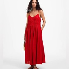 Madewell NWT Textured V-Neck Midi Dress Linen Blend Festival Red Size Large $198