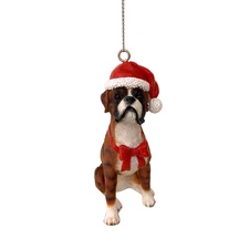 Boxer Dog Figurine Christmas Ornament - Brindle Coat, wearing cute red Santa Hat