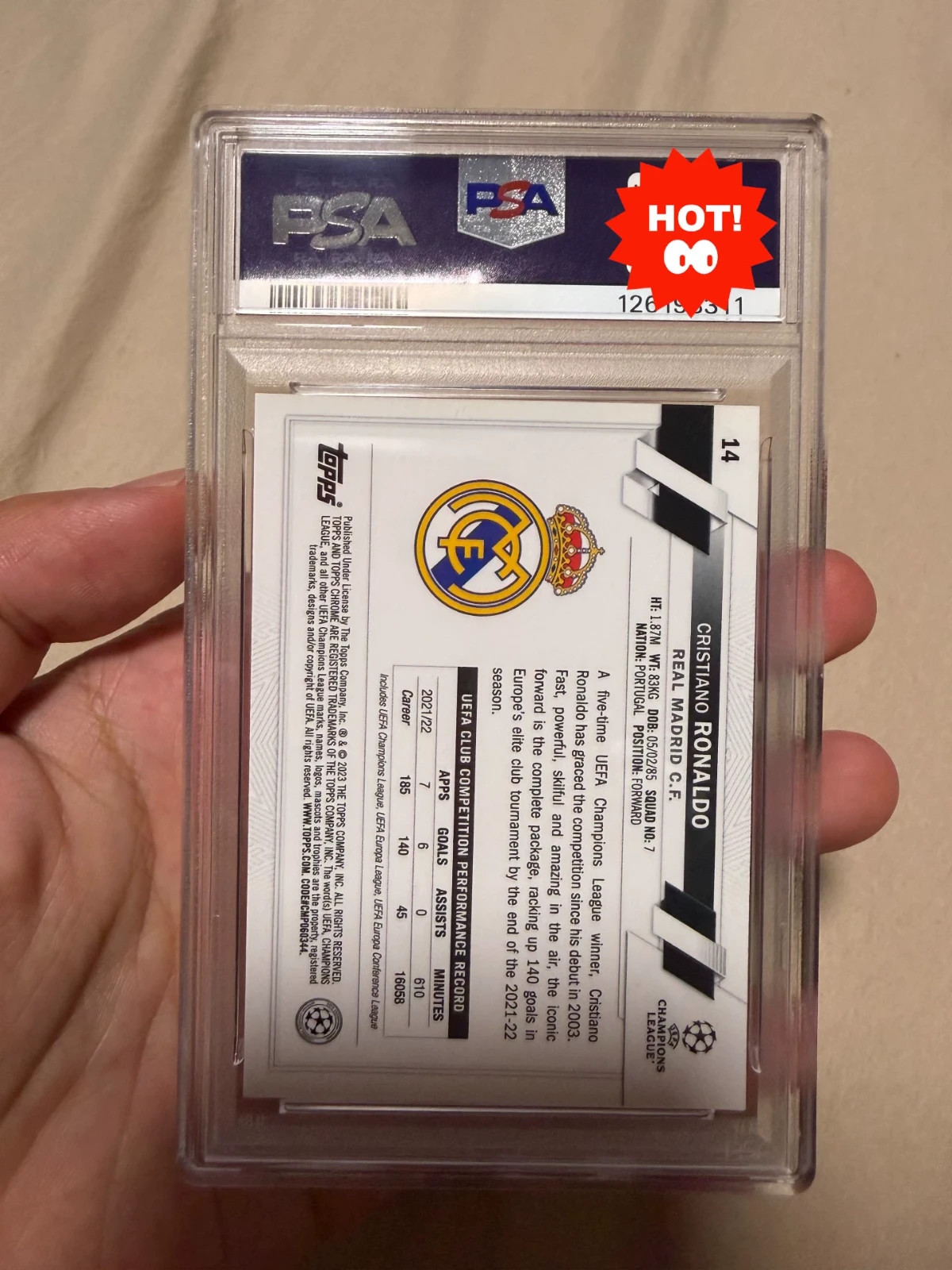Cristiano Ronaldo 2022-23 UCC Sapphire SP Blue Ice PSA 9 Graded Slab #14 view 3