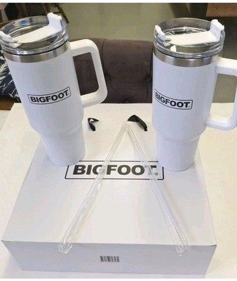 Gift Set ''Bigfoot'' Insulated 40 Oz White Travel Mugs In Box W/Straws Coffee Cup