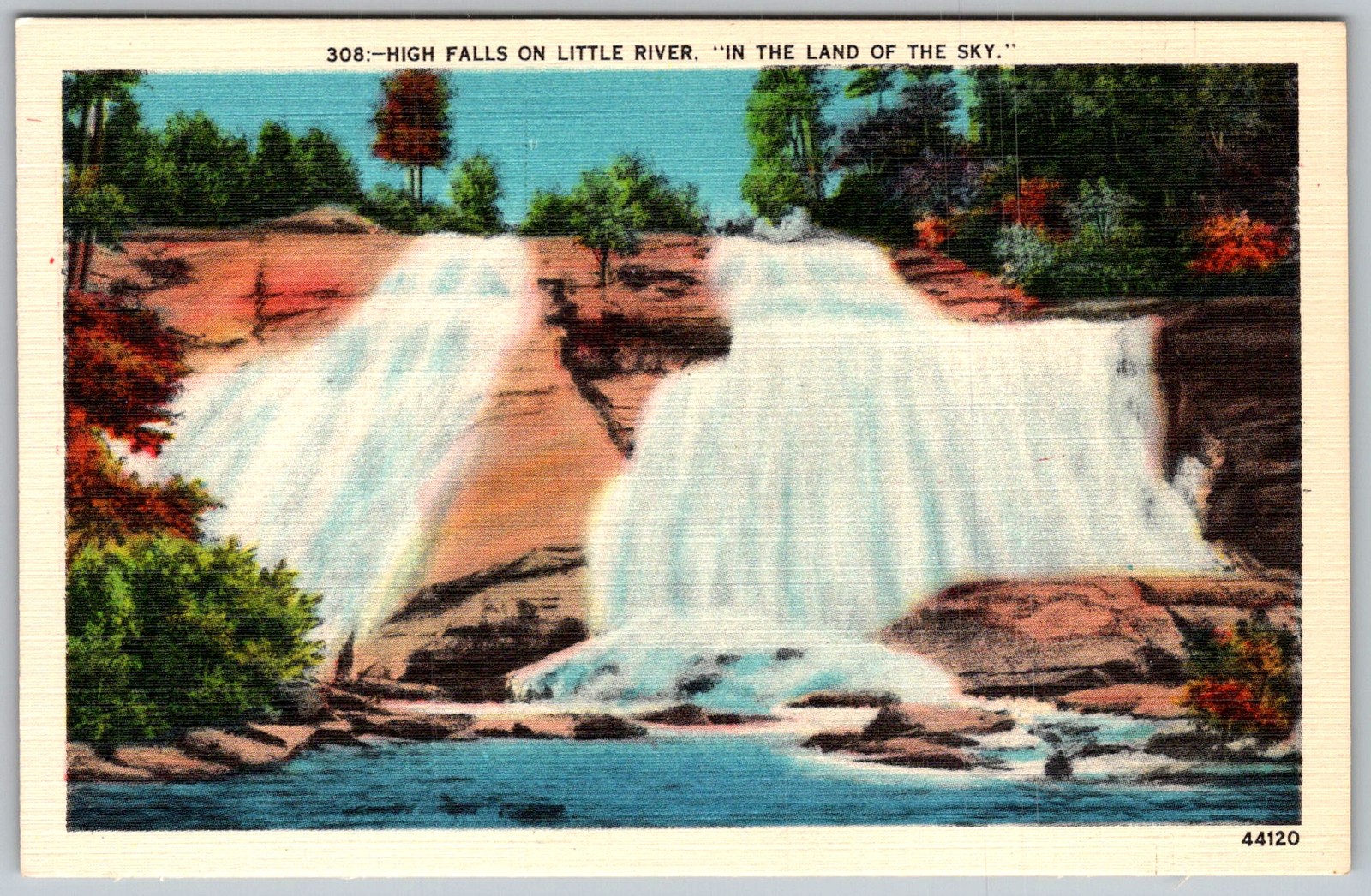 Vtg Linen Postcard High Falls Waterfall Little River, NC 1930s