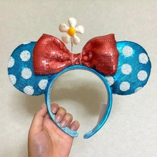 Disney- Parks Sunflower Blue  White Polka Dot Minnie Ear Bow Sequin Headband US