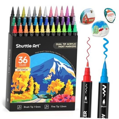  36 Colors Dual Tip Acrylic Paint Markers, Brush and Fine Tip for Rock 