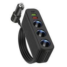 6-in-1 Vehicle Fast Charger Adapter 3*Cigarette Lighter 2*USB-A 1*USB-C Ports