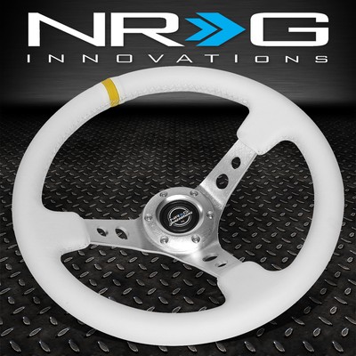 NRG REINFORCED 350MM 3'' DEEP DISH STEERING WHEEL WHITE LEATHER W/YELLOW STRIPE