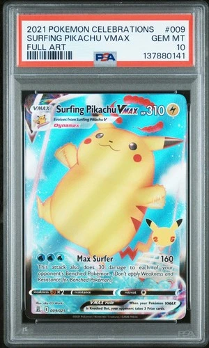 PSA 10 MINT Surfing Pikachu VMAX Full Art Celebrations Pokemon Card 009/025