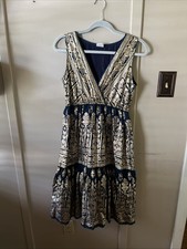 Jiya.mex Vestido Dress Size 5 Cotton Navy Blue And Gold Sundress Fit And Flare