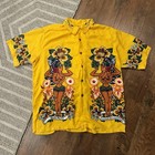 Vintage Mambo Loud Button Down Shirt Mens Large Hula Girl Wrench Yellow Hawaiian