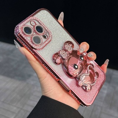 For Various Phone Glitter Diamond Love Rabbit Holder Case Flash Pet Stand Cover