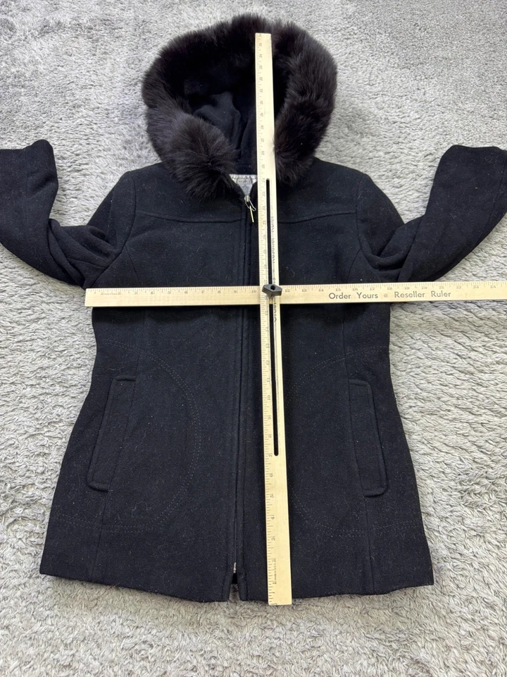 Preston York Jacket Women PS Small Black Wool Full Zip Fox Fur Hooded Lined Coat - Image 4 of 4