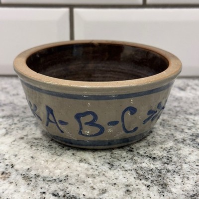 BBP Small Stoneware Bowl Grey ABC 123 Cobalt Blue Salt Glaze Folk Art 1996