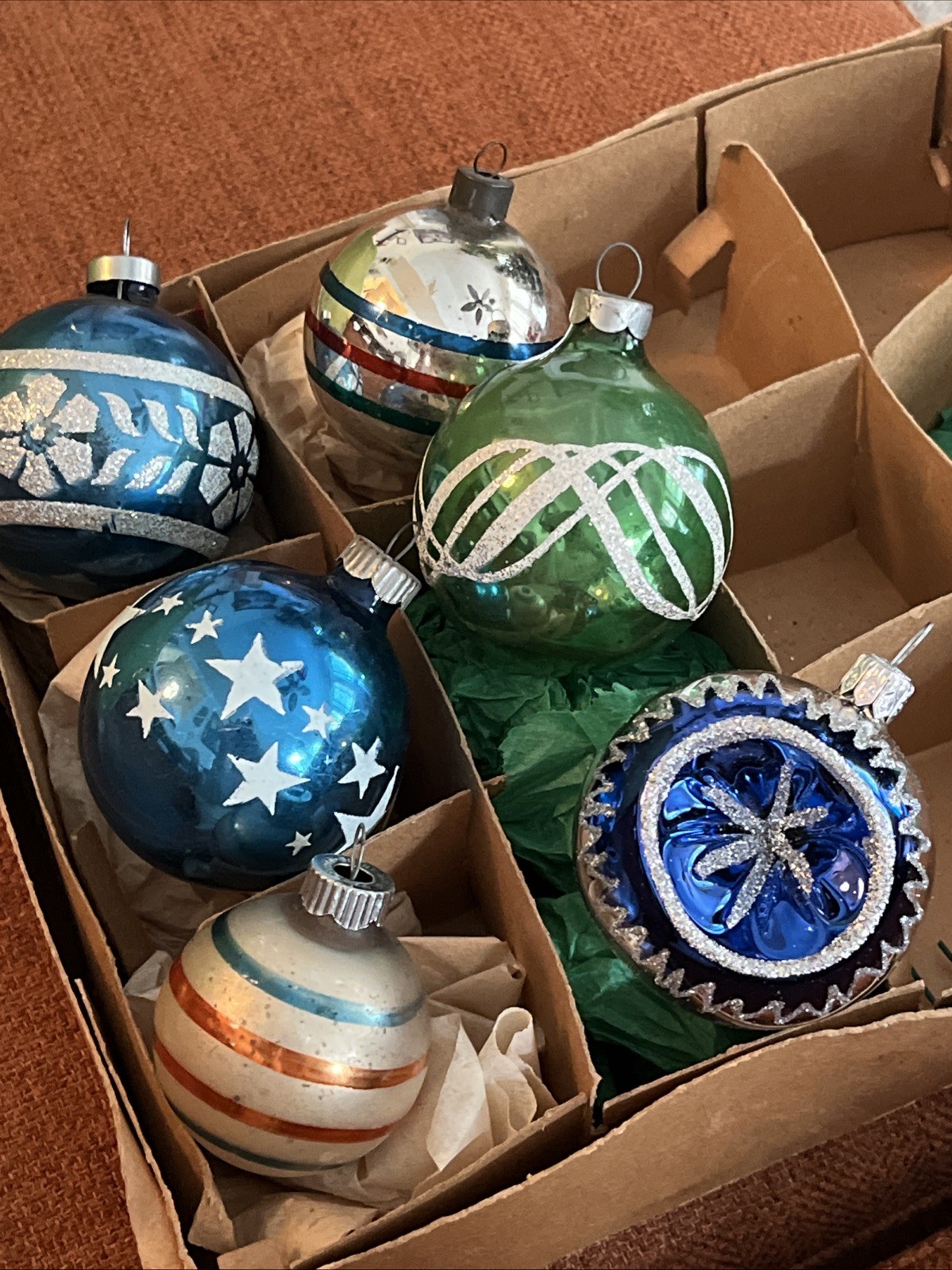 Vintage Glas Ornamente Weihnachten 6 gemischtes Set Streifen Glimmer Sterne 2,5 "und 2" Dekor