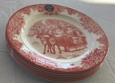8 Royal Stafford Christmas Dinner Plates SANTA'S SLEIGH RED 11” Porcelain 8-Pc