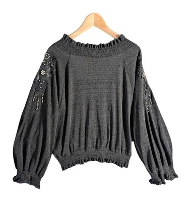 May By Shining Star Black Plisse Blouse Shrugged Shoulder Lace Stud Top Size M