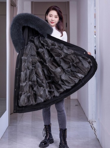 Womens Hooded Real Fox Fur Collar Detachable Lined Mid Long Knee Coat Parka Warm - Picture 6 of 36
