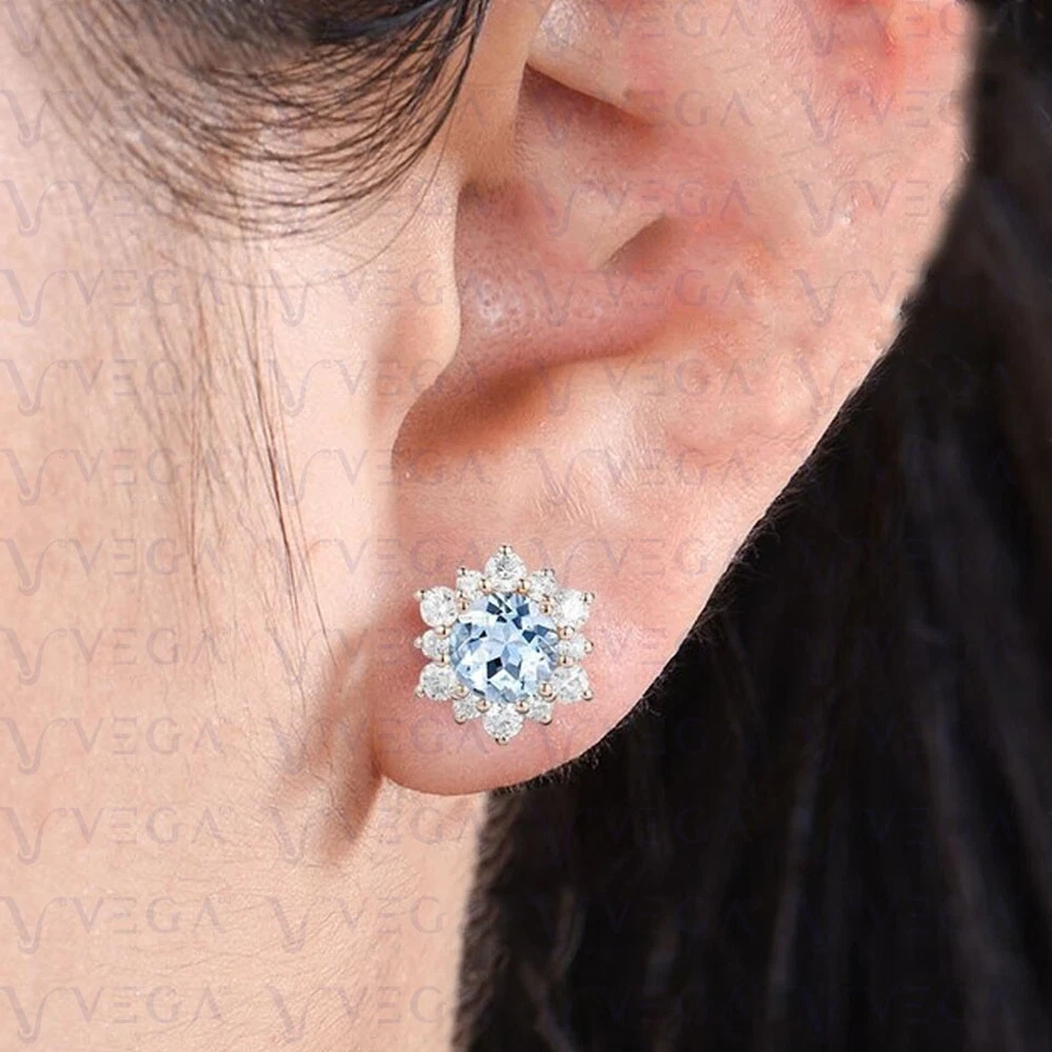 Pendiente de diamantes y aguamarina natural de forma redonda de 4,58 quilates de oro rosa macizo de 14 quilates Foto 3 de 4