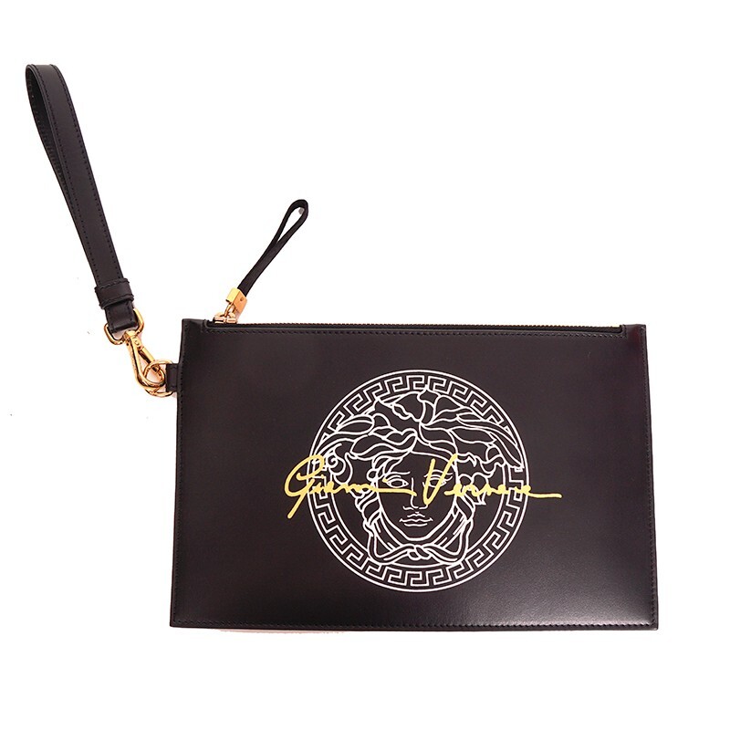 NEW $800 VERSACE Black Leather White LARGE MEDUSA LOGO Sleek Pouch