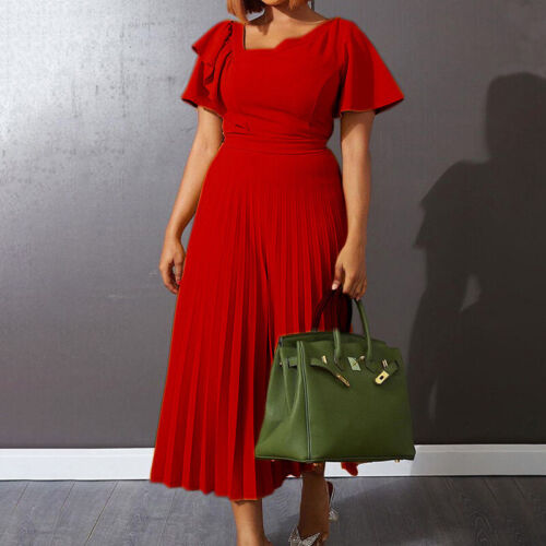 Adesivo plissettato maniche corte volant elegante abito rosso primavera abito estivo - Foto 1 di 13