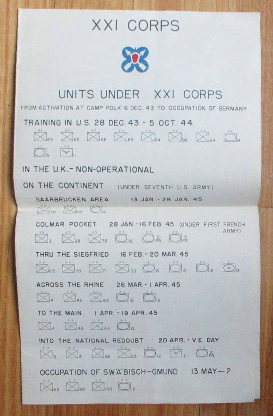 Original 1945 Vintage WW2 XXI 21st US ARMY CORPS ETO COMBAT HISTORY MAP POSTER