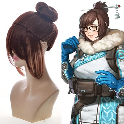 Overwatch Mei Cosplay Short Big Updo Hairdo Dark Brown Styled Hair
