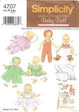 Uncut Simplicity Sewing Pattern # 4707 Baby Doll Clothes in Three Sizes: S-M-L