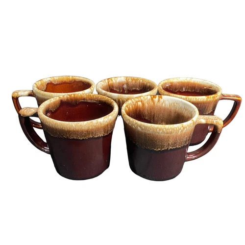 5 Vintage McCoy Pottery Brown Drip Coffee Cups Mugs D Handle Made in USA