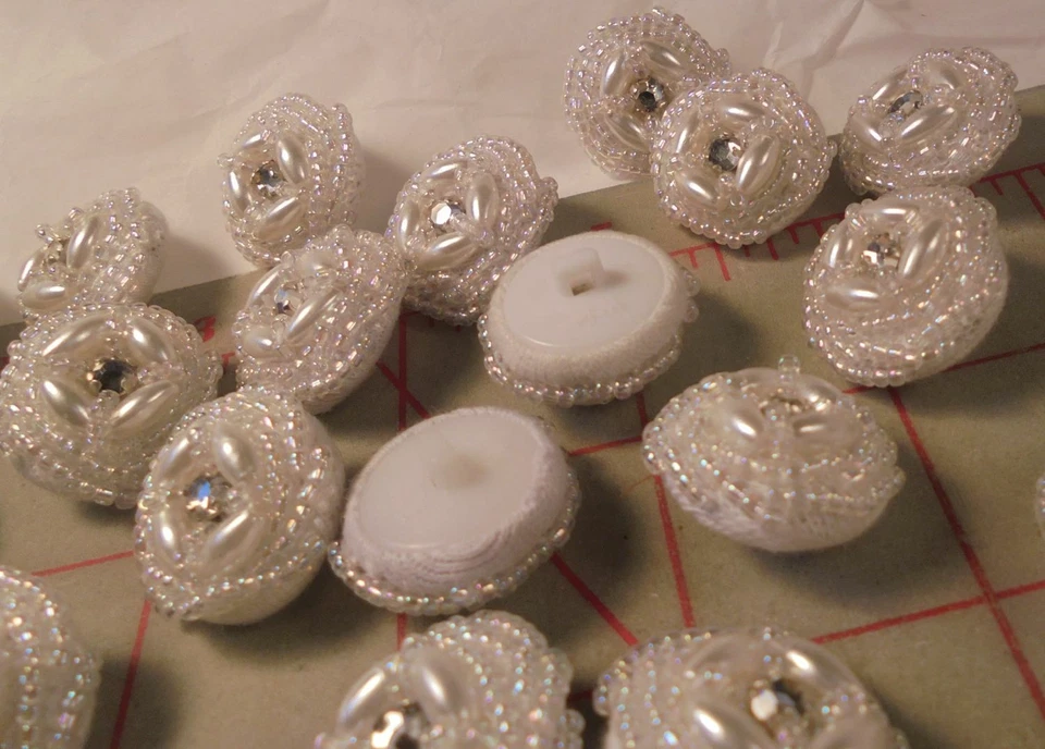 5 Vintage HandMade Bridal Buttons Rhinestone Center 4 Oval & Seed Beads White AB - Image 2 of 4