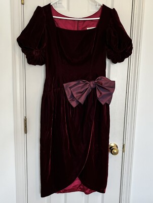 Vintage Victor Costa Burgundy Velvet 80s Dress Puff Sleeve sz Small