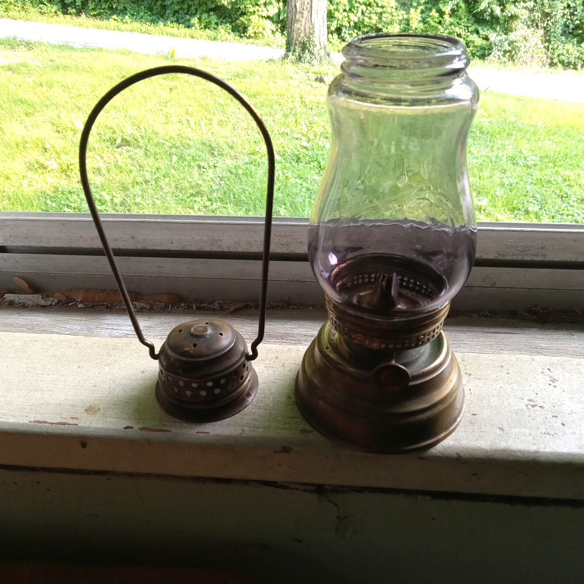 1890s BRASS SKATER'S LANTERN WITH AMETHYST GLASS GLOBE & BRASS