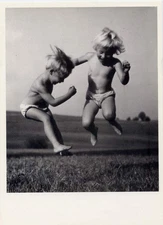 Two Young Children Jumping with JOY German B&W PHOTO POSTCARD 4x6