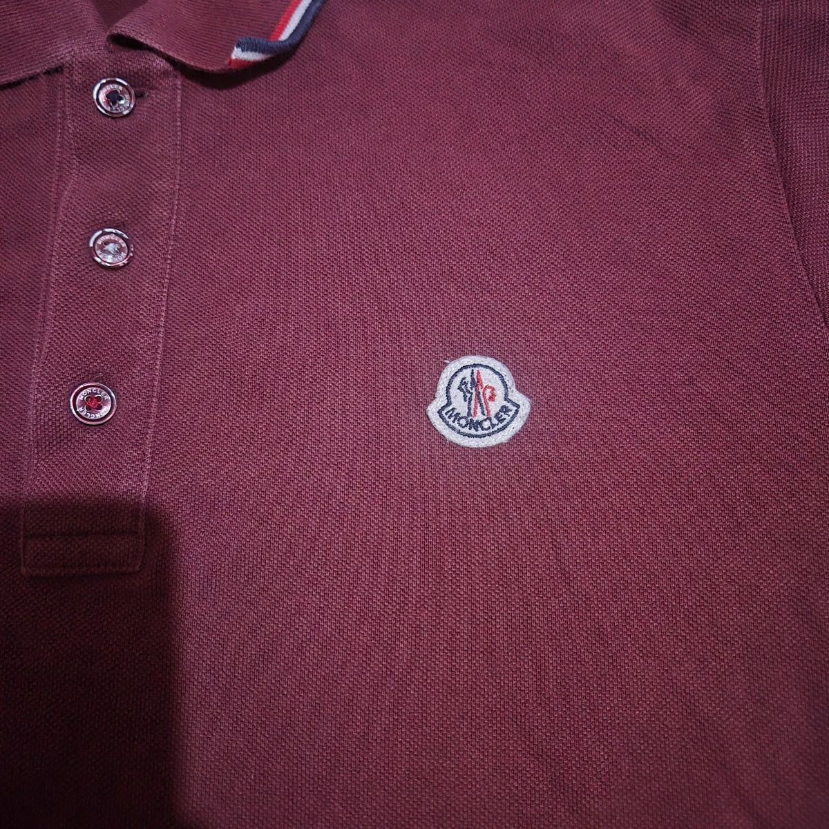 Moncler Maglia Polo Shirt Mens Size M Burgundy Red Tricolor Trim Logo Authentic