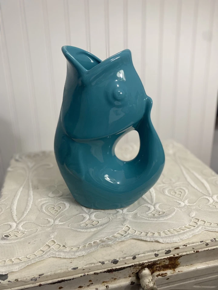 9” Gurgle Pot Fish Pitcher Jug Vase 2006 Stoneware Aqua Blue No Chips/Cracks - Image 2 of 4