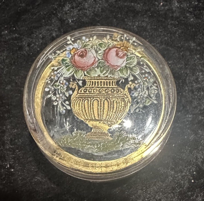 Antique Hand Painted Enamel Glass Trinket Floral  Box Guilded Jewelry Jar