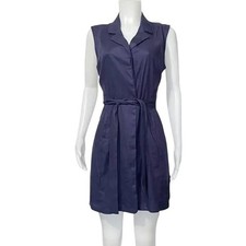 Halston H Linen Dress Stretch Belted Mini Navy Blue Button Front Sleeveless 6
