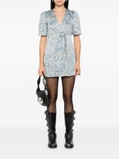 GANNI Crinkled Satin Floral Wrap Mini Dress Blue Size 42 / US L
