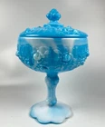 Vintage Fenton blue slag glass cabbage rose covered candy dish pedestal compote