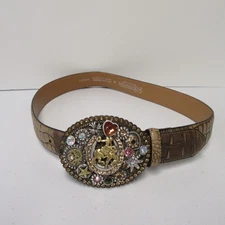 Nocona Belt Co M Western Cowgirl Rhinestone Rodeo Buckle Brown Embossed Belt